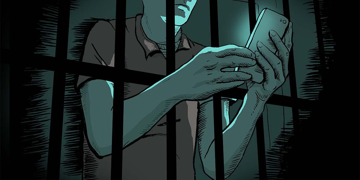 illustration of person behind bars using their cell phone