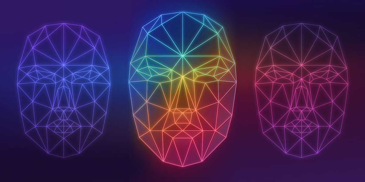 illustration of geometric faces, resembling face recognition software