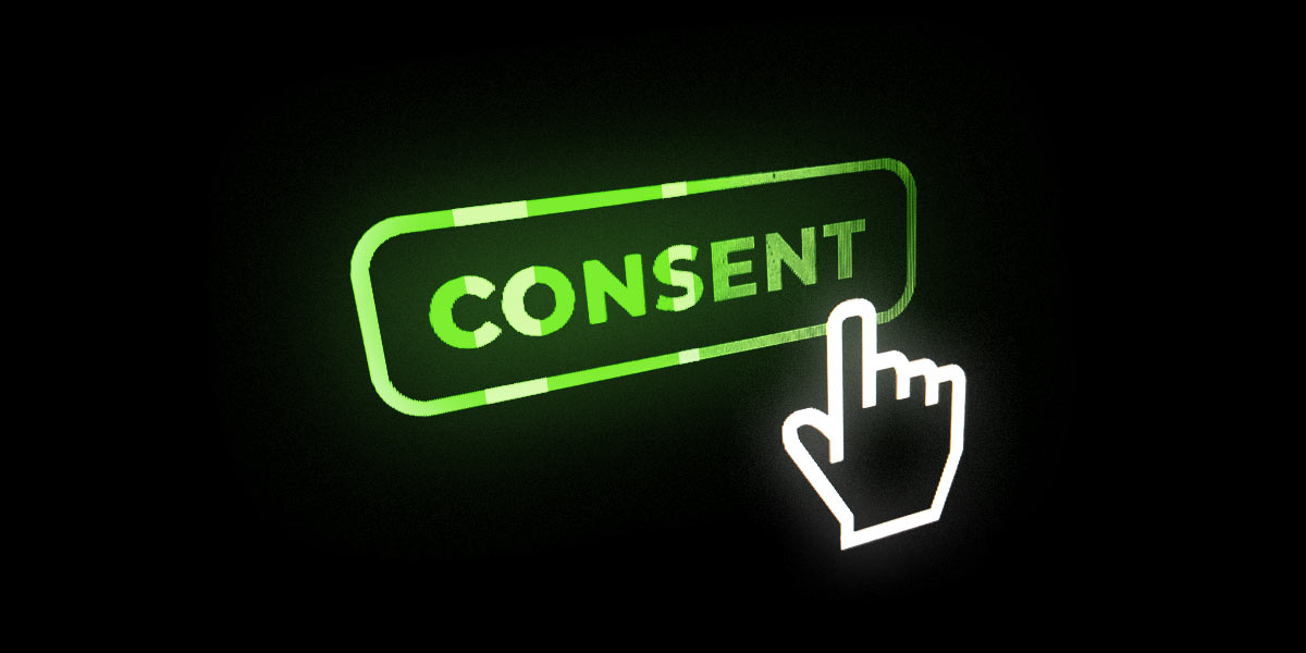 illustration of pointing hand icon on an on-screen button that says consent