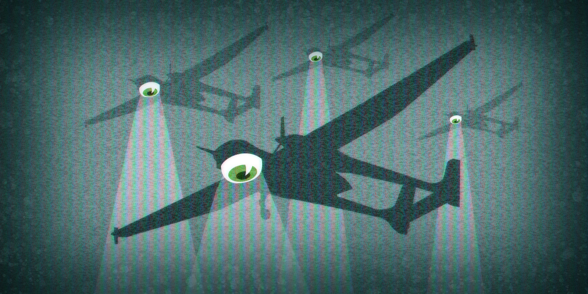 illustraton of drones with an eye underneath looking below