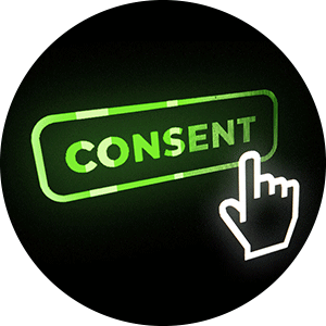 illustration of pointing hand icon on an on-screen button that says consent