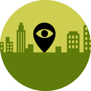 illustration of location marker with eye inside on a cityscape