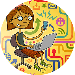 illustration of person with a laptop holding a phone and smiling
