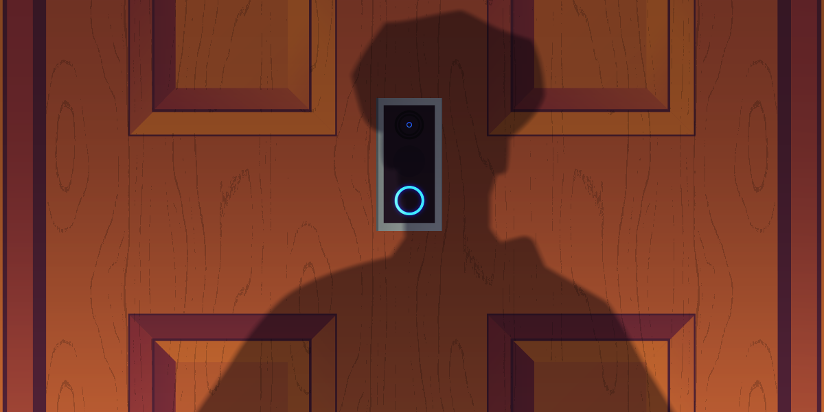illustration of a policeman's shadow on a door with a ring camera