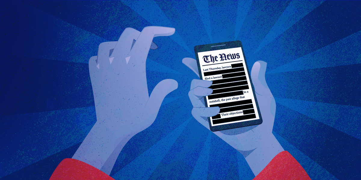 illustration of hands holding phone with censored news