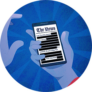 illustration of hands holding phone with censored news