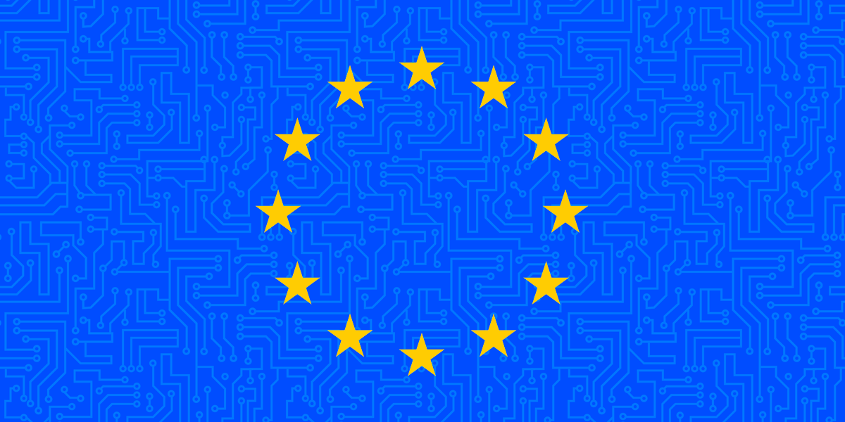 European Union circle of yellow stars on blue circuitry bagckground