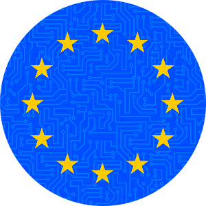 European Union circle of yellow stars on blue circuitry bagckground