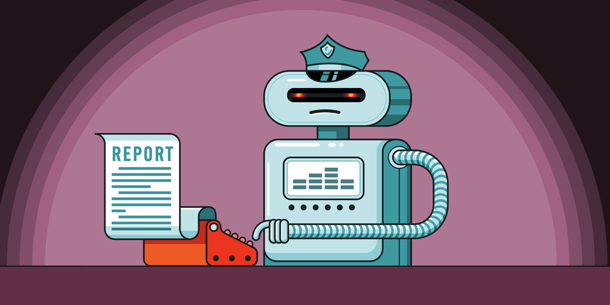 illustration of robot with a police cap, typing
