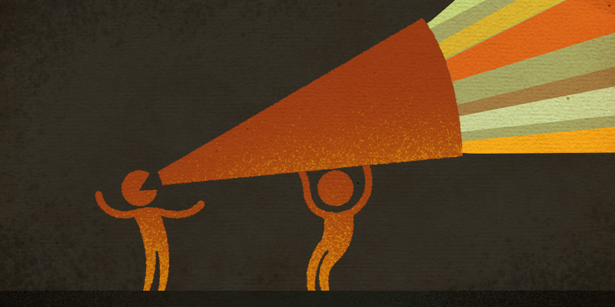 illustration of person shouting into a giant megaphone that another person is holding