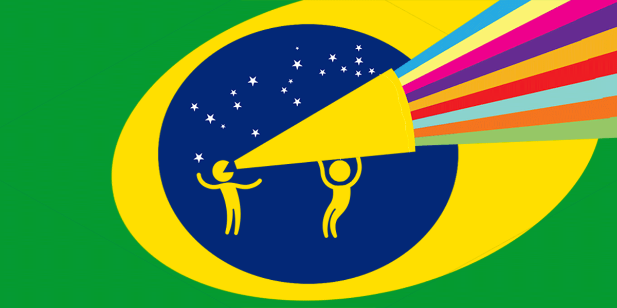 an illustration of a person holding a megaphone inside the Brazilian flag