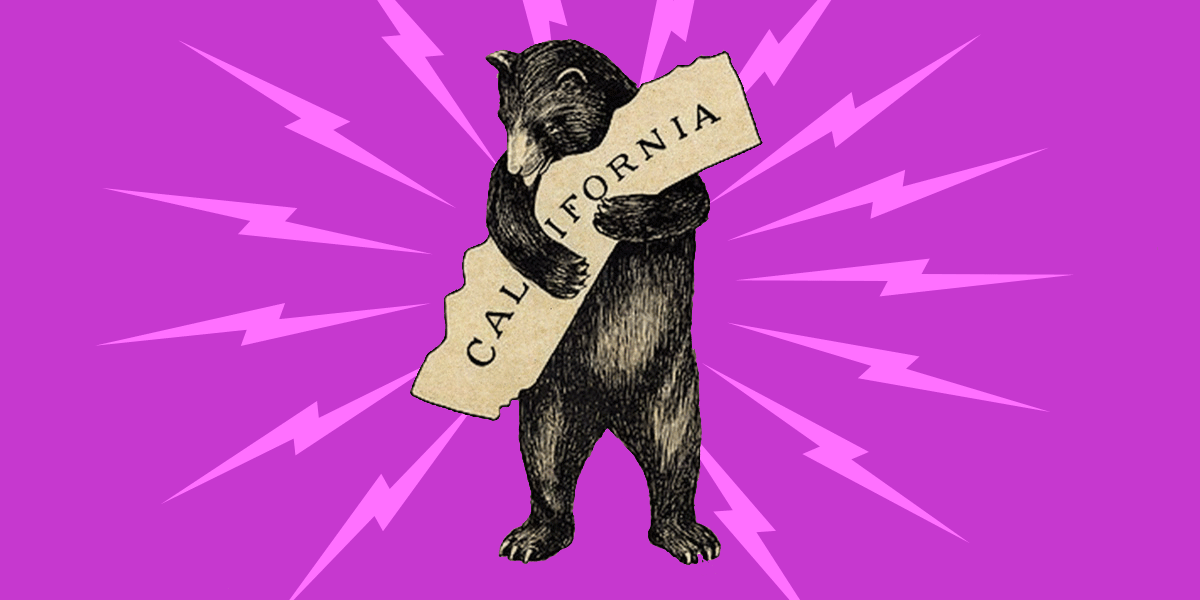 illustration of a bear hugging the state of california