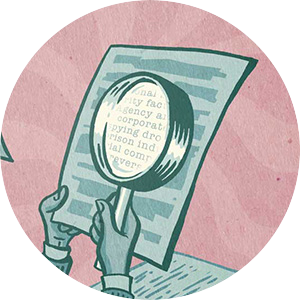 illustration of an investigator looking at a document with a magnifying glass