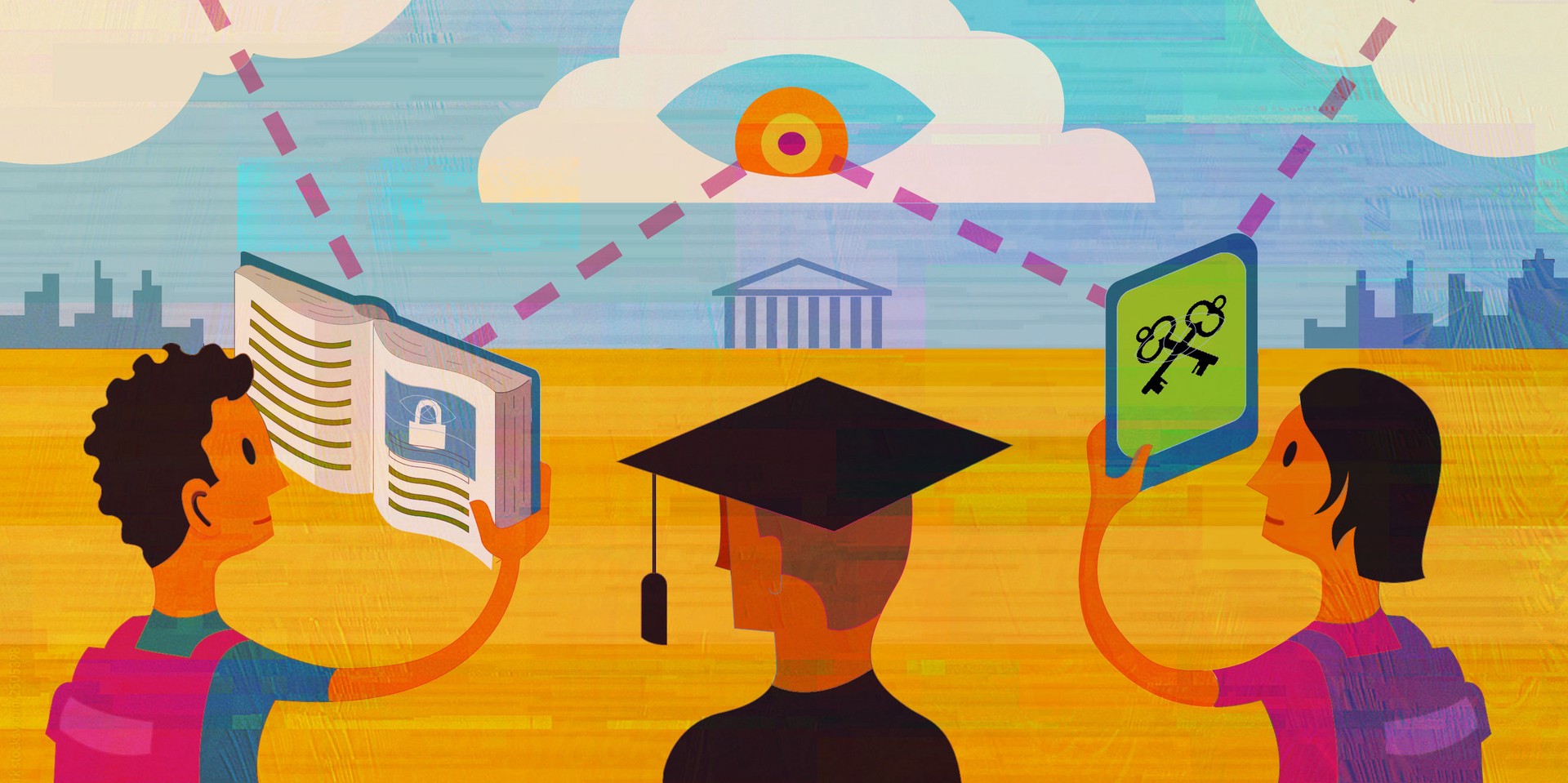 illustration of eye in a cloud in the sky looking at student's books and tablets
