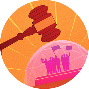 illustration of a gavel striking a bubble that contains protesters
