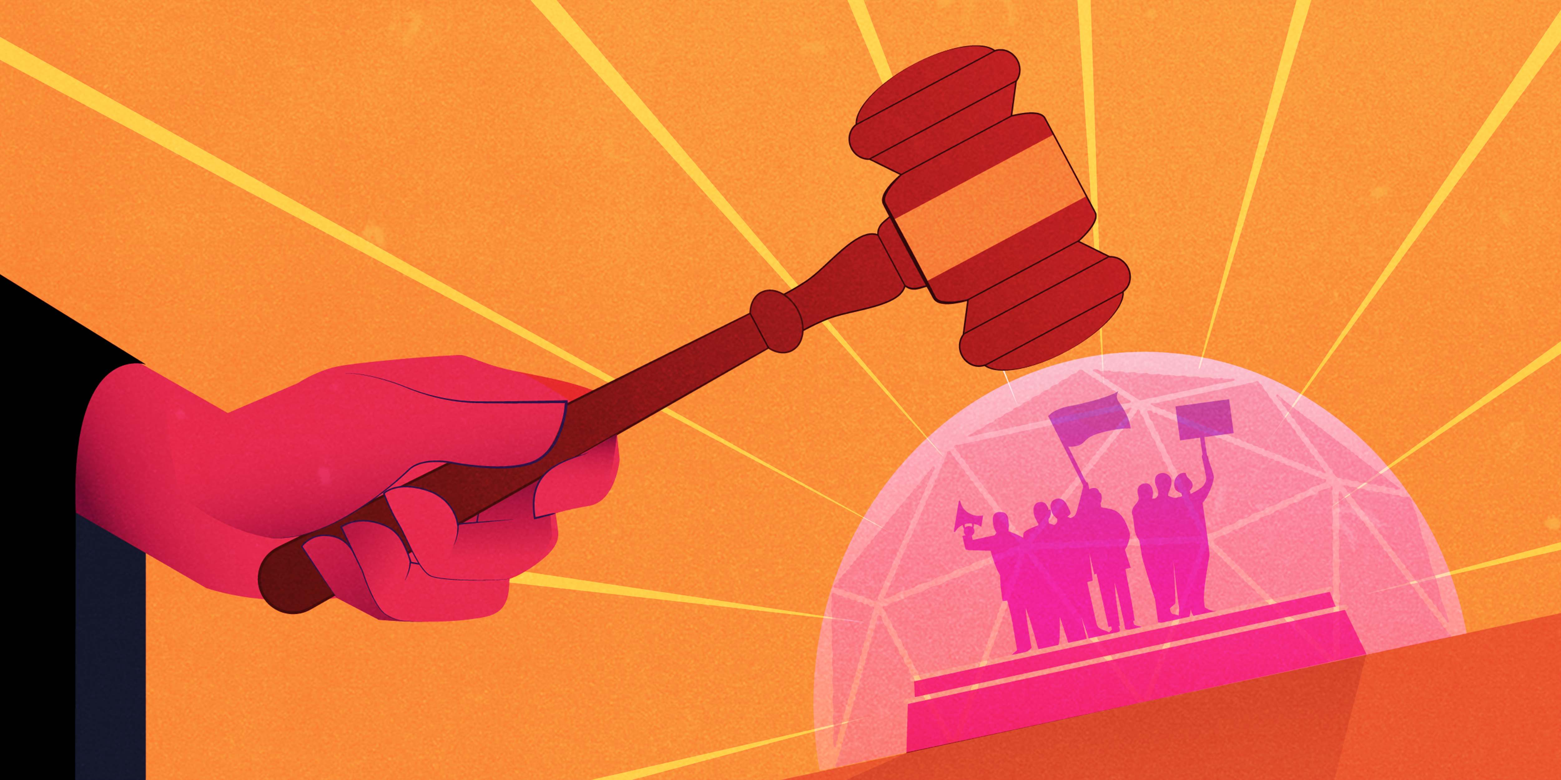 illustration of a gavel striking a bubble that contains protesters