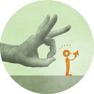 illustration of a hand preparing to flick a small person with a megaphone