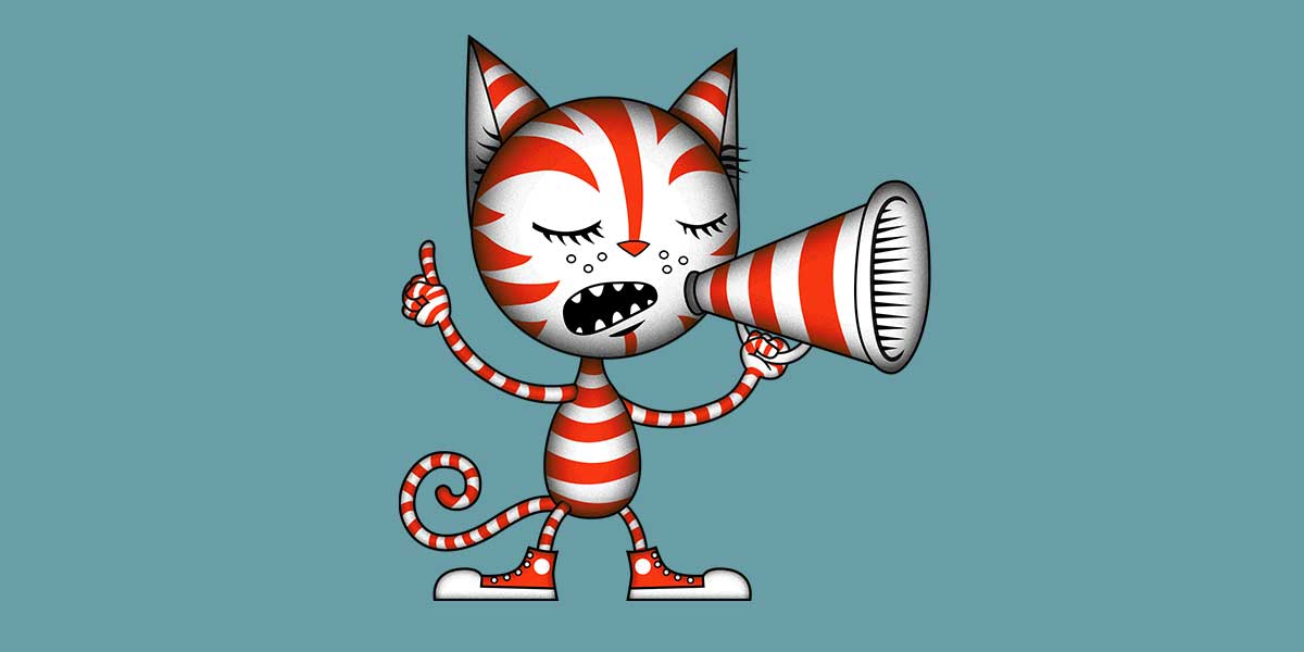 illustration of an anthropormorphized cat speech into a megaphone