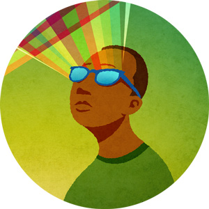 illustration of person with colors rays projecting from their eyeglasses