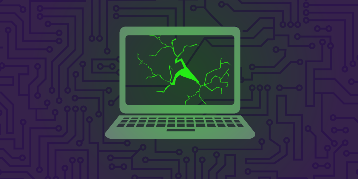 illustration of laptop with cracked screen in front of a circuit board