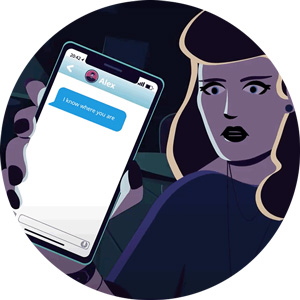 illustration of a woman holding up a phone that says 'I know where you are'
