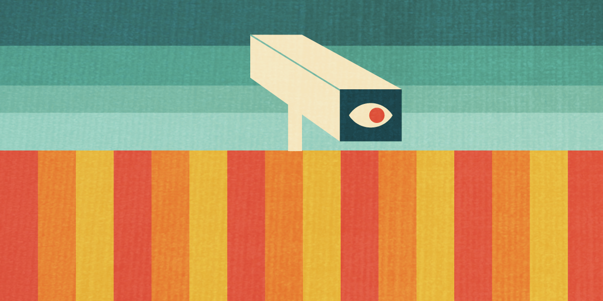illustration of surveillance camera with an eye in it looking over a wall