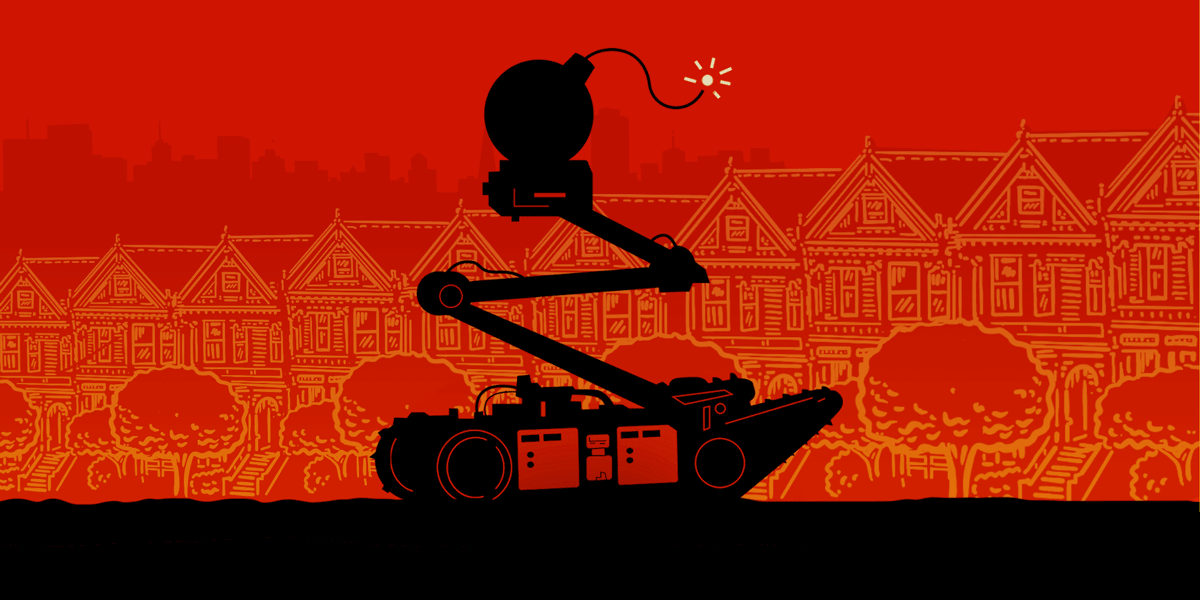 illustration of catapult robot with an ignited bomb
