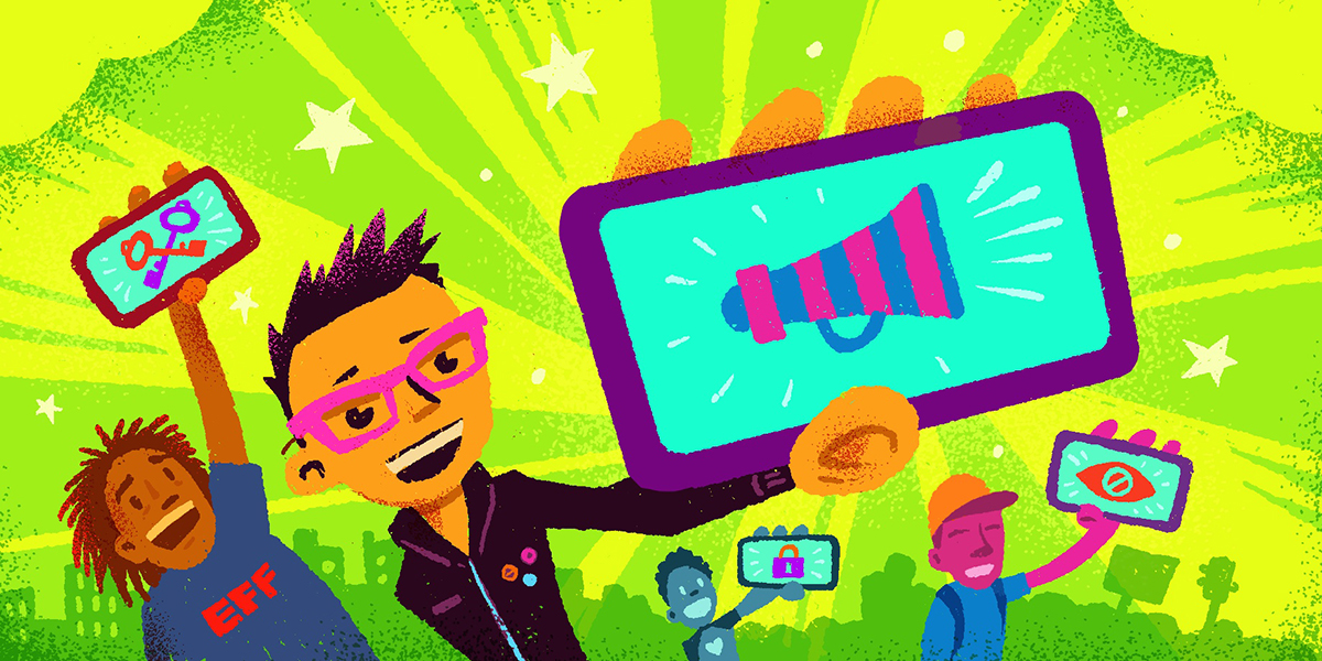 illustration of young people holding phones with free speech megaphone, encryption kes