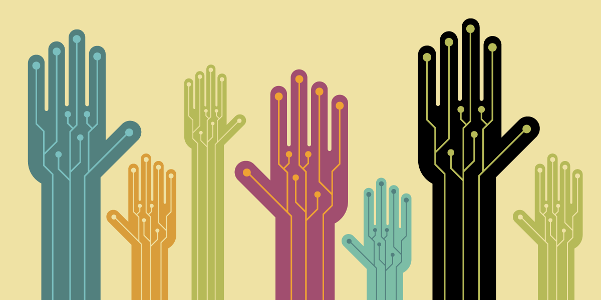 illustration of raised hands with circuitry inside
