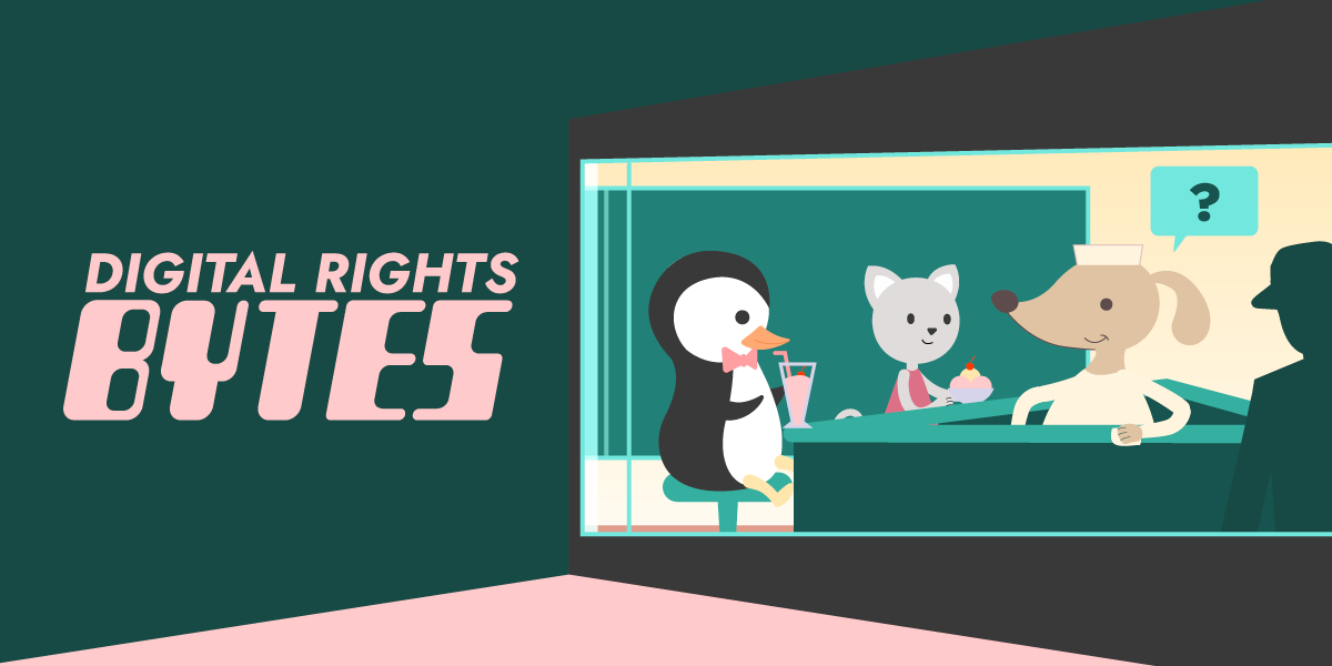 Digital Rights Bytes illustration of penguin having a beverage at a diner